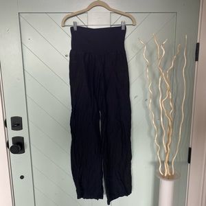 Black linen wide leg pants with fold over waist